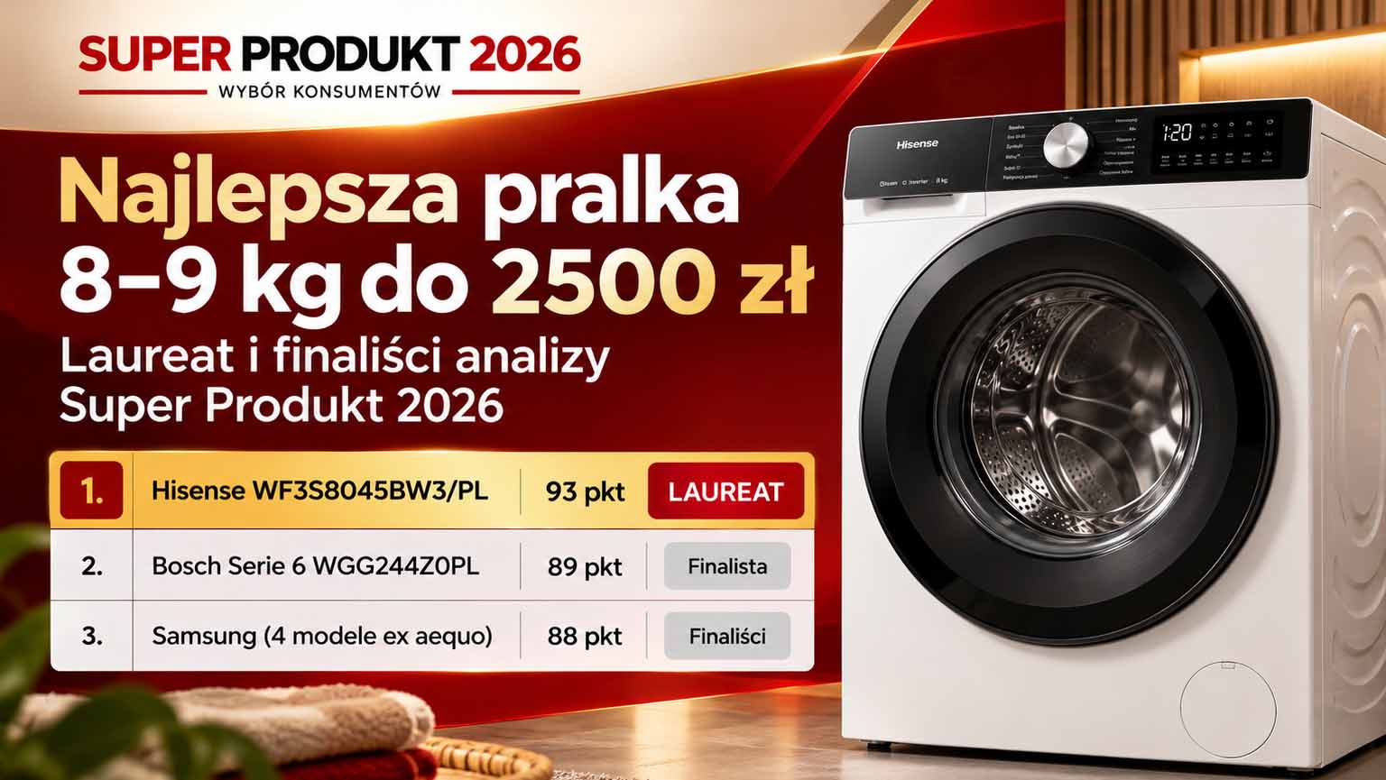 Najlepsza pralka 8–9 kg do 2500 zł według analizy Super Produkt 2026 – Hisense WF3S8045BW3/PL